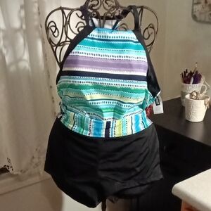 Women's Striped Halter One-Piece Swimsuit in Teal, Blue & Purple